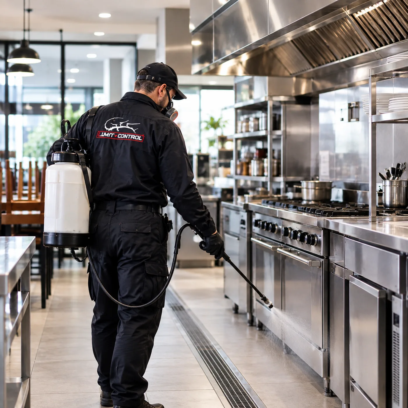 Técnico de FumyControl tratando la cocina de un restaurante